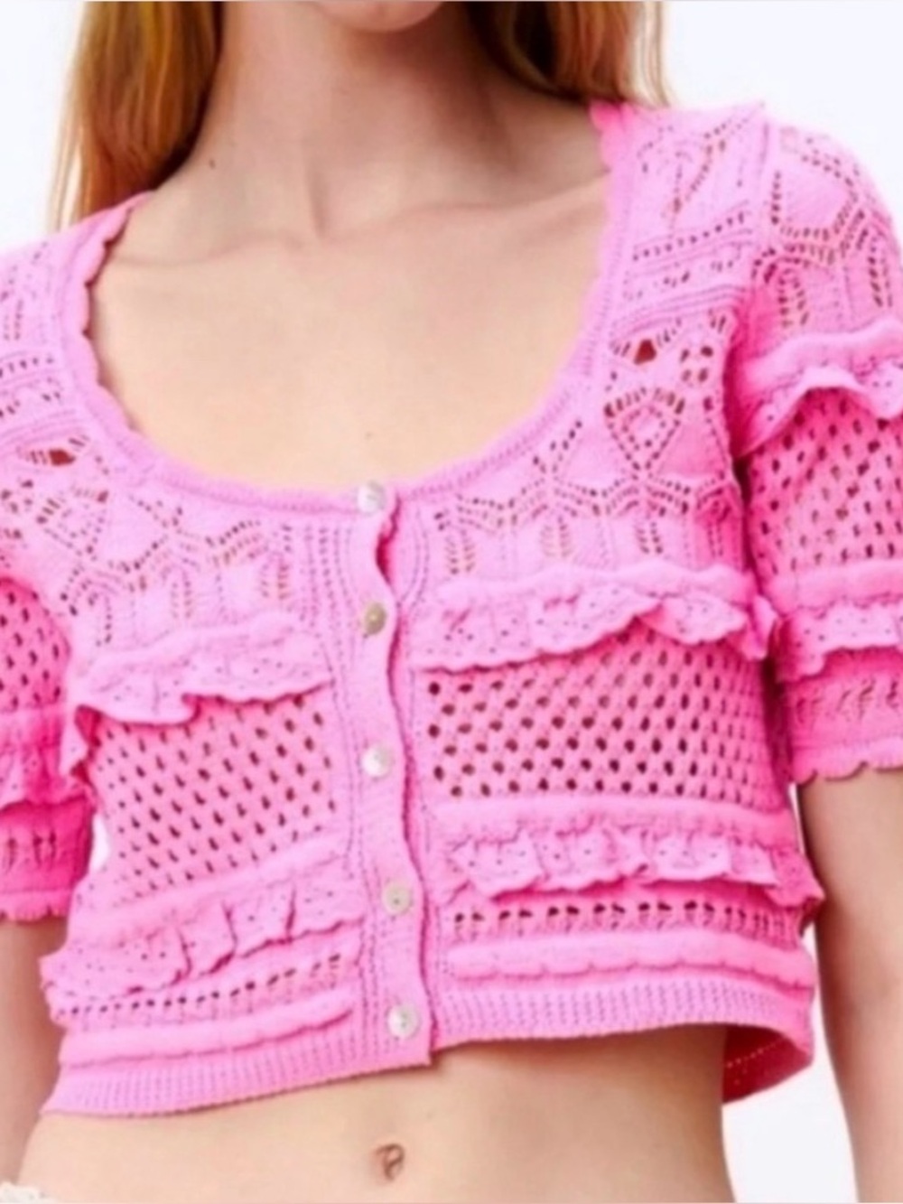 Zara Pink Openwork Cropped Knit Top Sz Medium